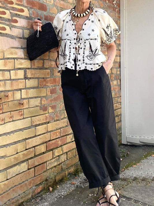 Bird Embroidered Lace-Up Puff Sleeve V-Neck Top