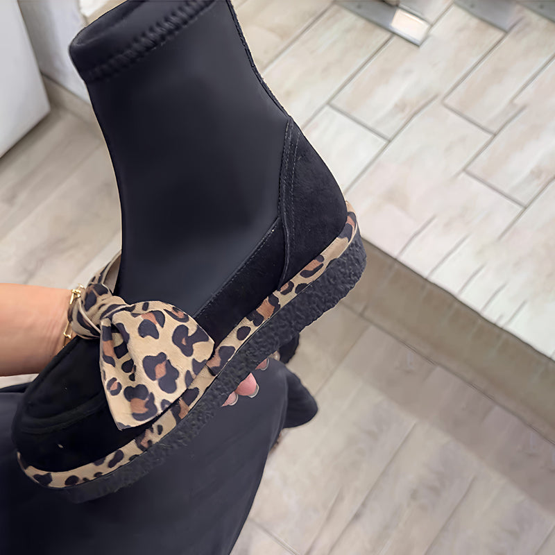 Bow Leopard Flat Ankle Boots