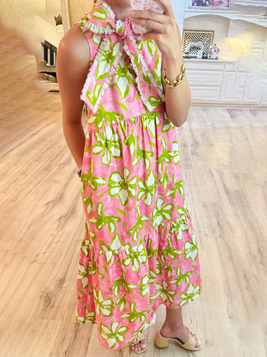 Flower Print Sleeveless Tiered Midi Dress