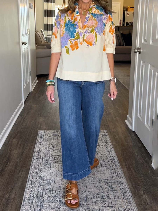 Floral Print Loose V Neck Top