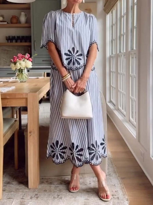 Floral Eyelet Stripe Two Pieces Dress
