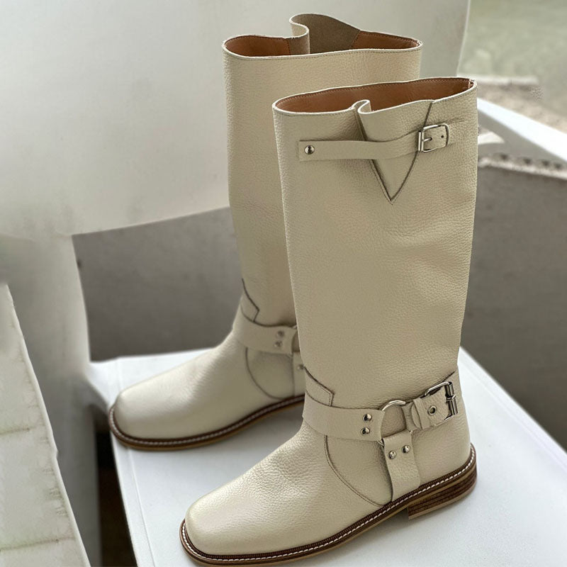 Square Toe Low Heel Buckle Boots