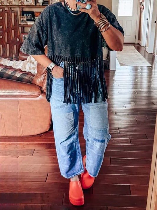 Fringed Short-Sleeve Top