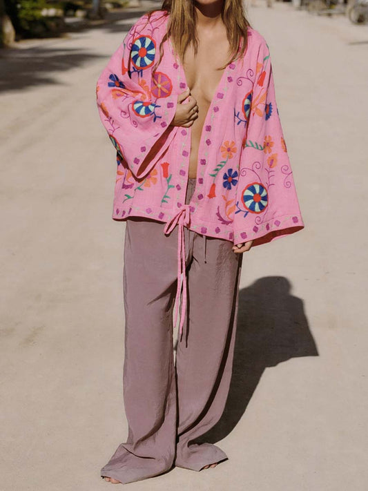 Embroidered Wide Long Sleeve Cardigan