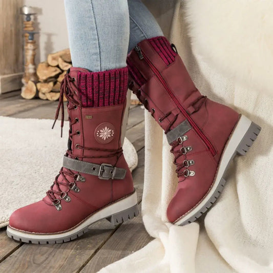 Knit Cuff & Buckle Lace-Up Snow Boots