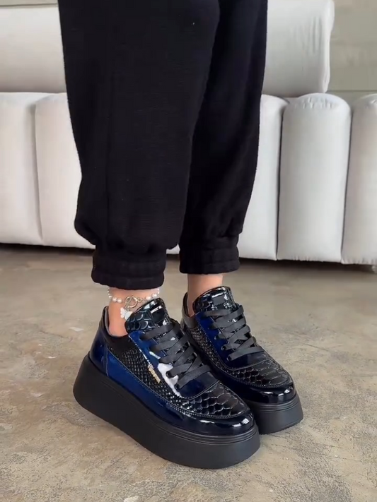 Black Patent Faux-Croc Boots With Platform Sole