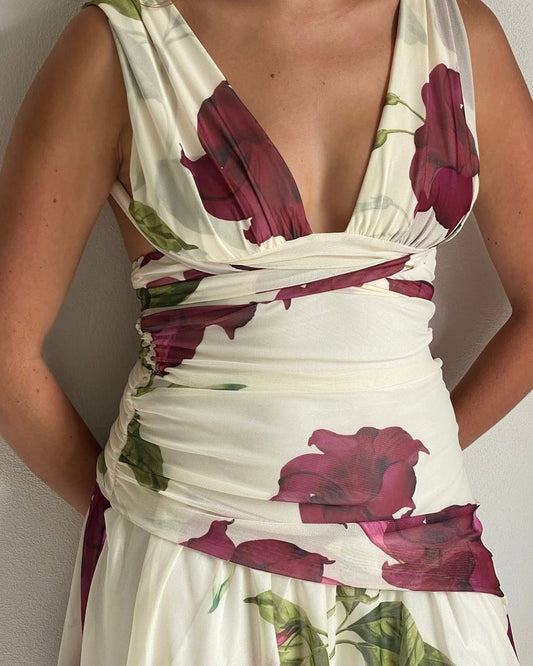 Elegant Floral Ruched Bodycon Mini Dress
