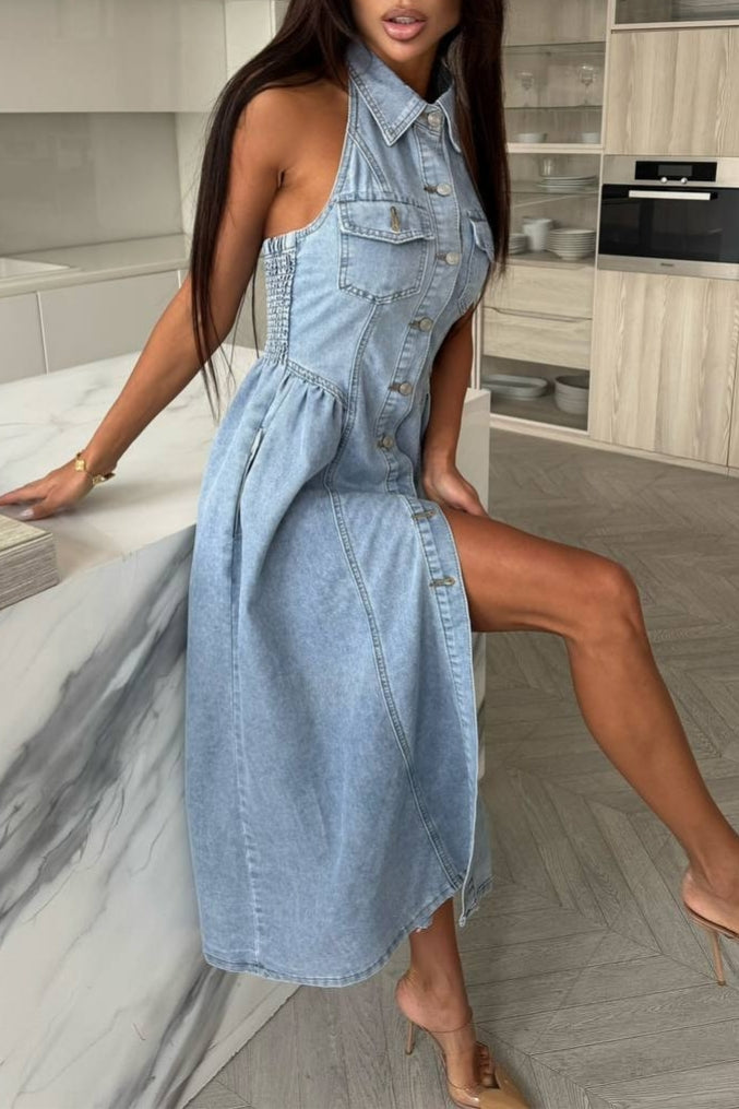 Casual Sleeveless Denim Shirt Dress