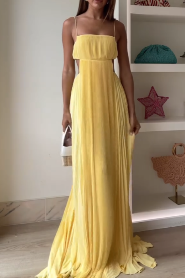 Yellow Strapless Pleated Maxi Dress