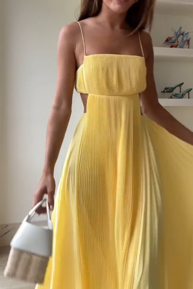 Yellow Strapless Pleated Maxi Dress