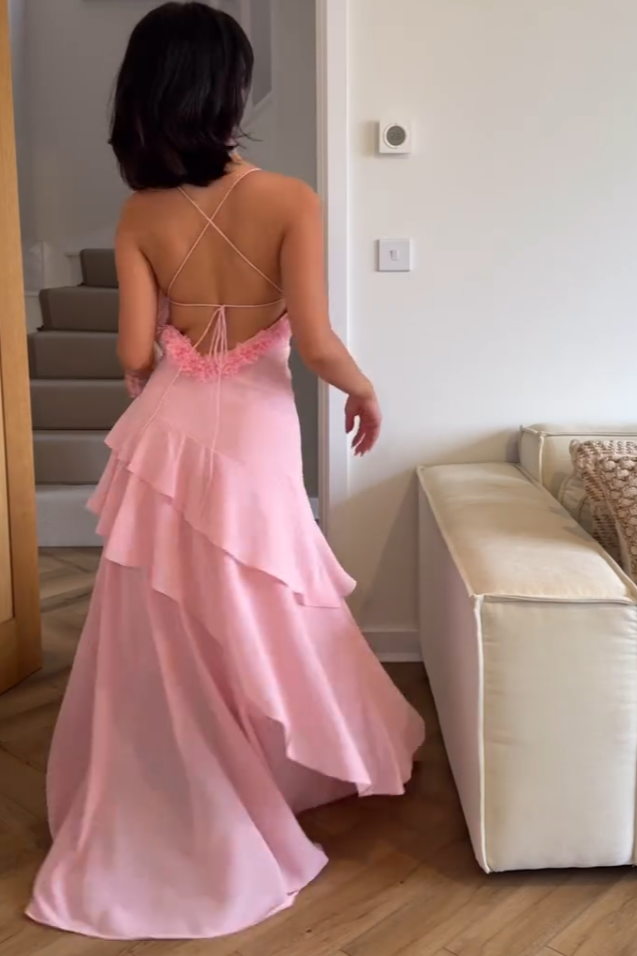 Elegant Pink Ruffled-Details Cami Maxi Dress