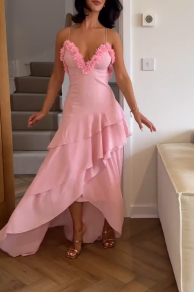Elegant Pink Ruffled-Details Cami Maxi Dress