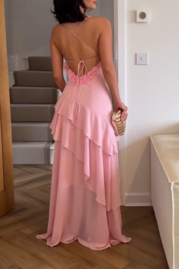 Elegant Pink Ruffled-Details Cami Maxi Dress
