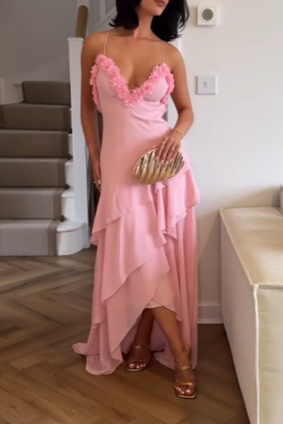 Elegant Pink Ruffled-Details Cami Maxi Dress