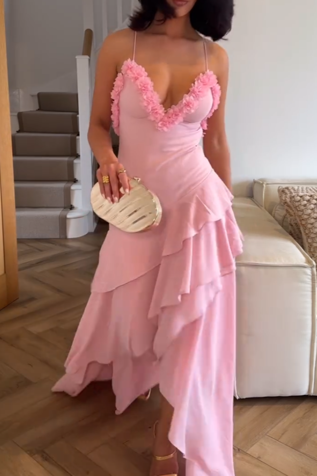 Elegant Pink Ruffled-Details Cami Maxi Dress