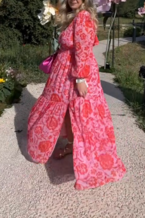 Pink Floral Long-Sleeve Maxi Dress