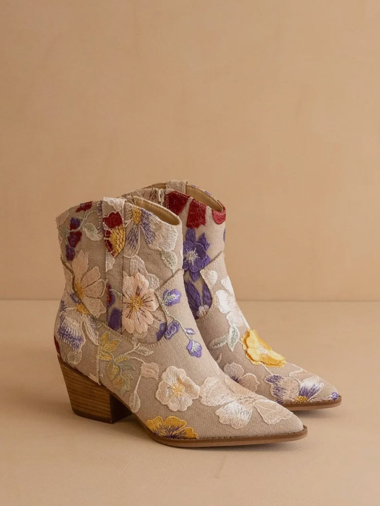 Embroidered Floral Pattern Ankle Boots