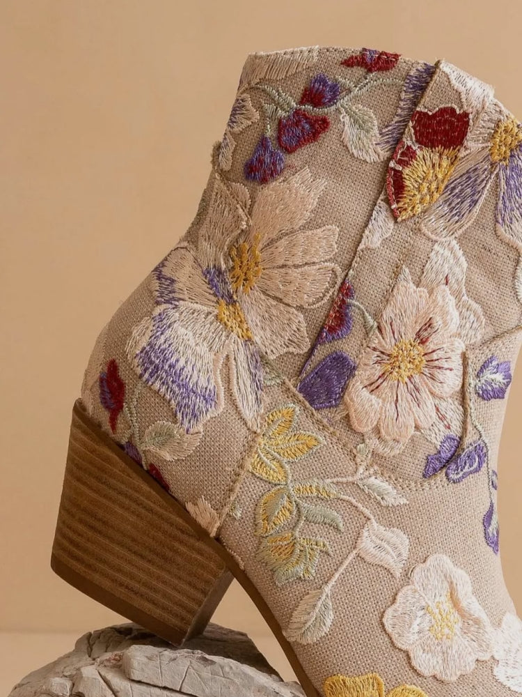 Embroidered Floral Pattern Ankle Boots