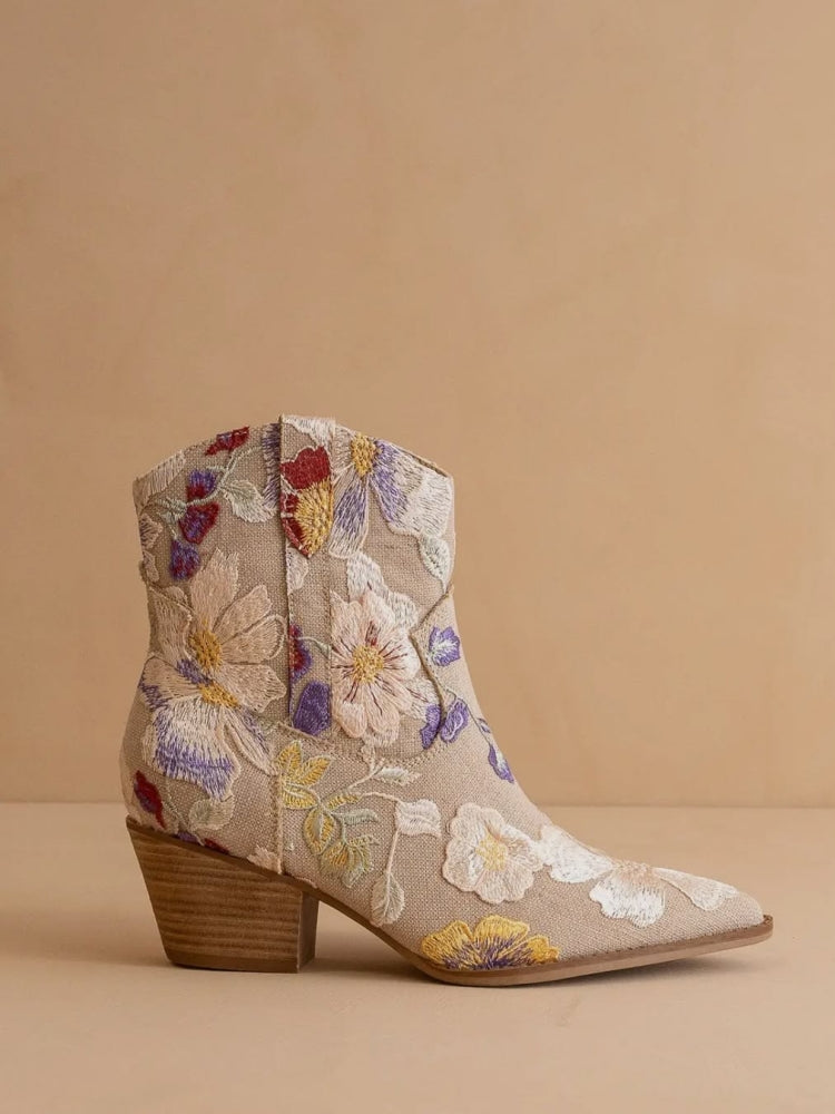 Embroidered Floral Pattern Ankle Boots