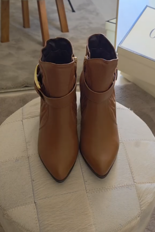 Elegant Tan Buckle-Accent Block Heel Boots