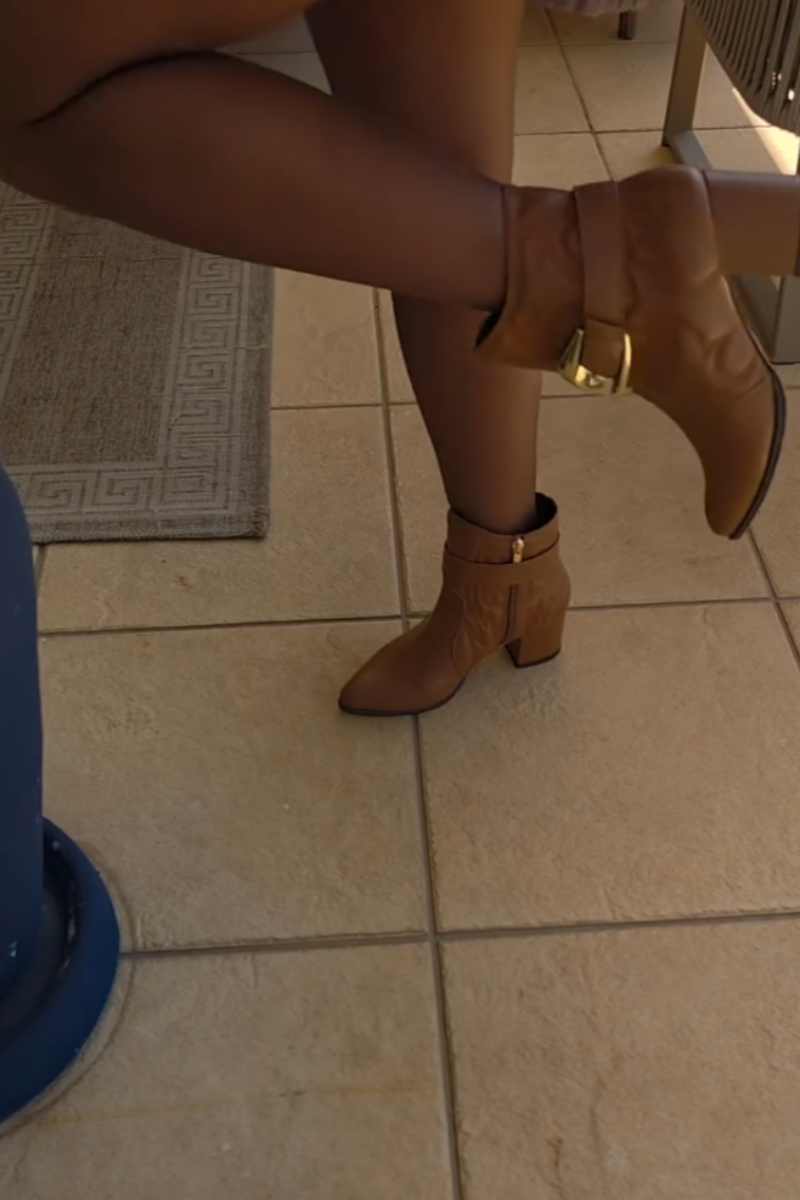Elegant Tan Buckle-Accent Block Heel Boots