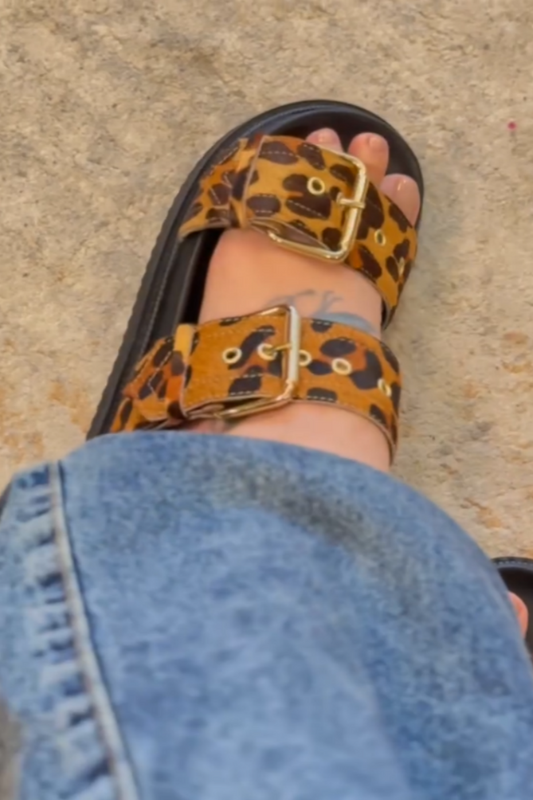 Leopard Print Buckle-Front Slide Sandals