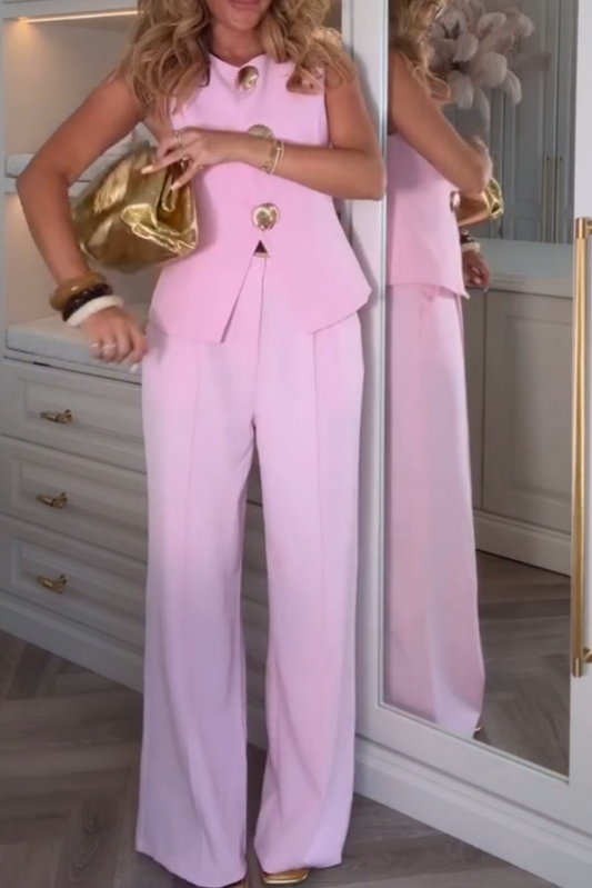 Pink Sleeveless Button-Front Two Pieces Set