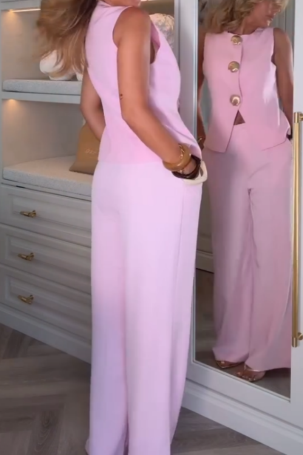Pink Sleeveless Button-Front Two Pieces Set