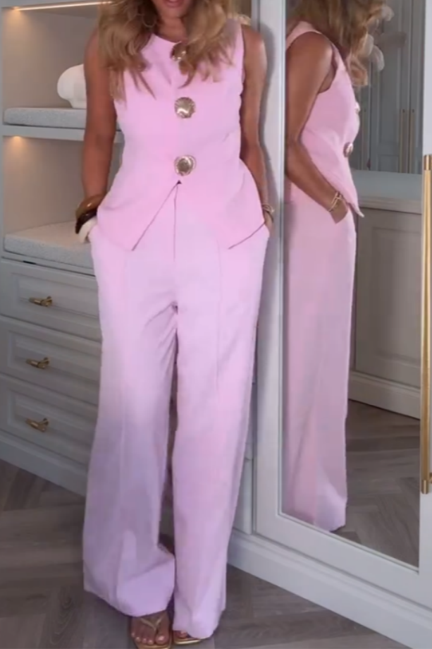 Pink Sleeveless Button-Front Two Pieces Set