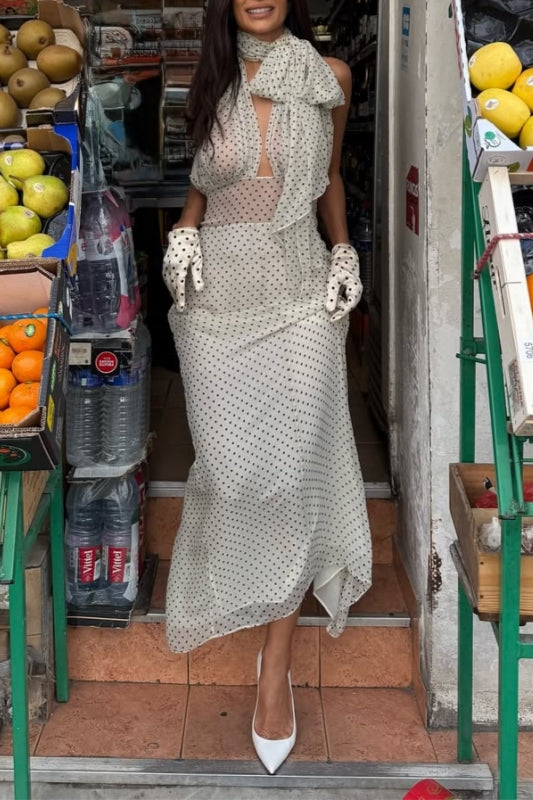 White Polka Dot Mesh Insert Maxi Dress