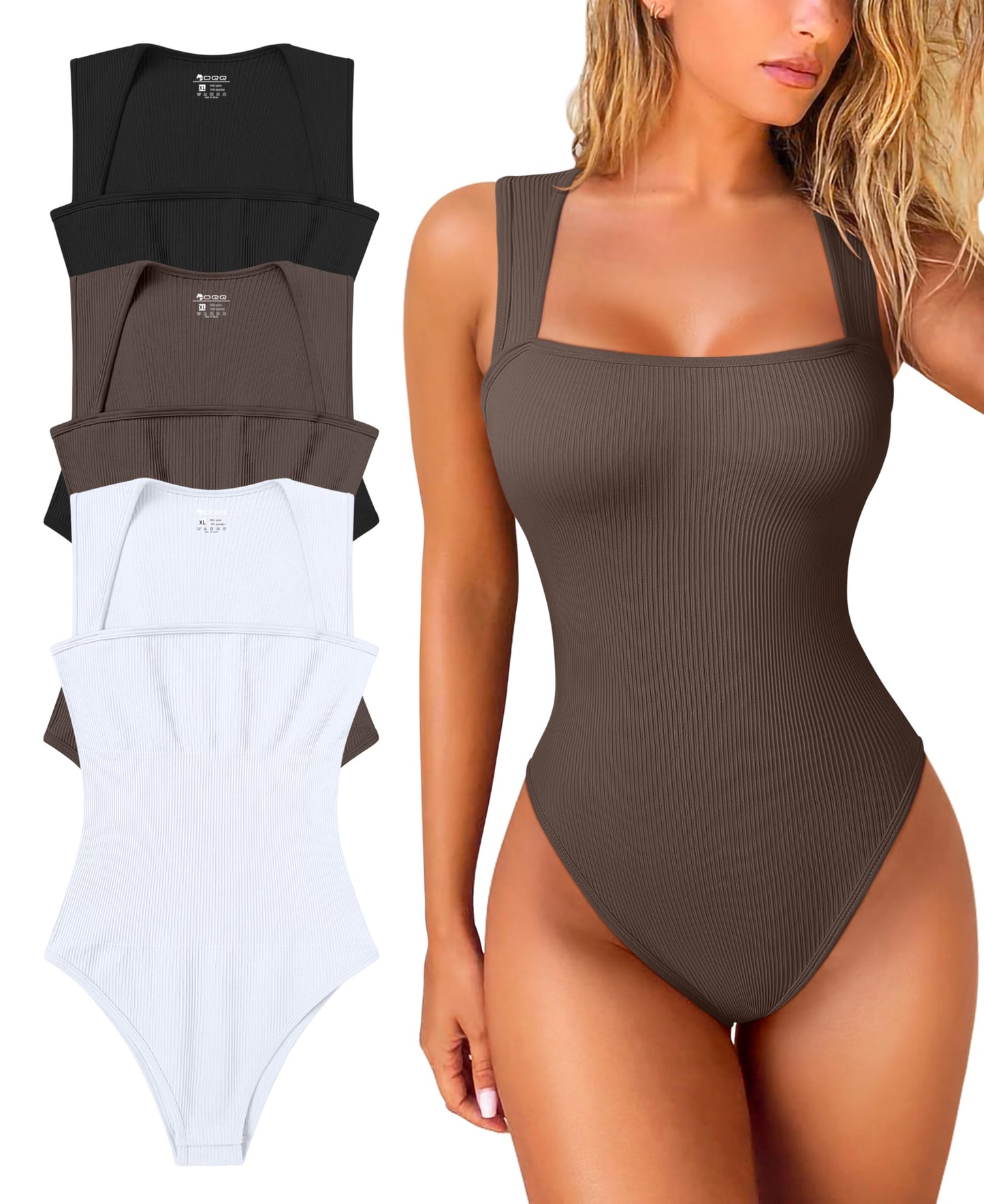Sexy Ribbed Strappy Square Neck Sleeveless Bodysuits