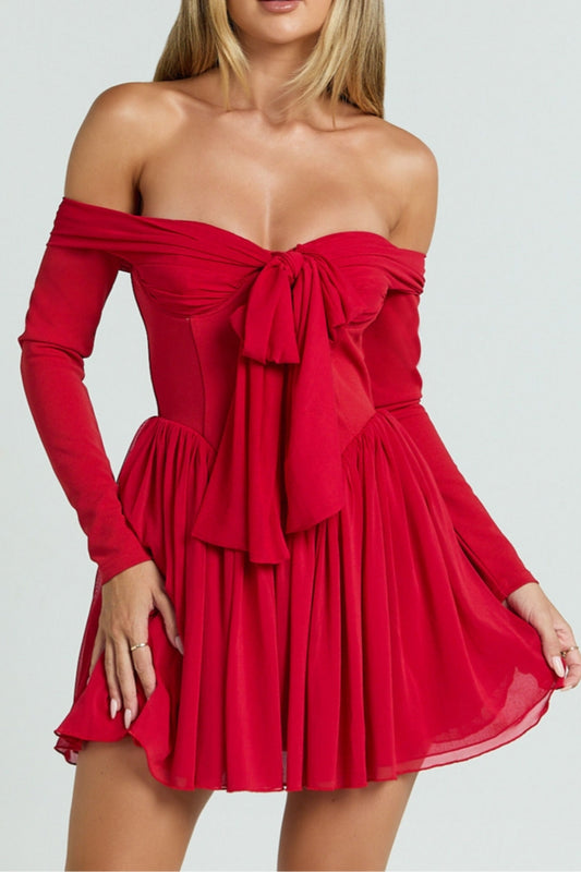 Red Off Shoulder Long Sleeve V Waist Bennett Mini Dress