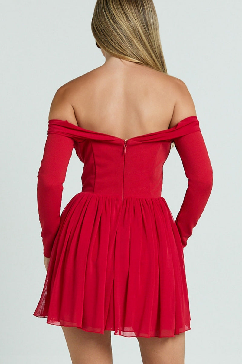 Red Off Shoulder Long Sleeve V Waist Bennett Mini Dress