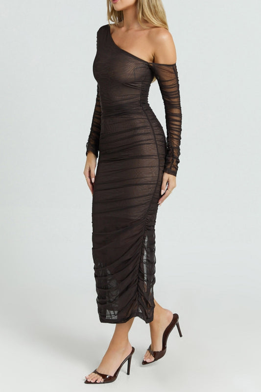 Brown Asymmetric Mesh Ruched Bodycon  Midi Dress