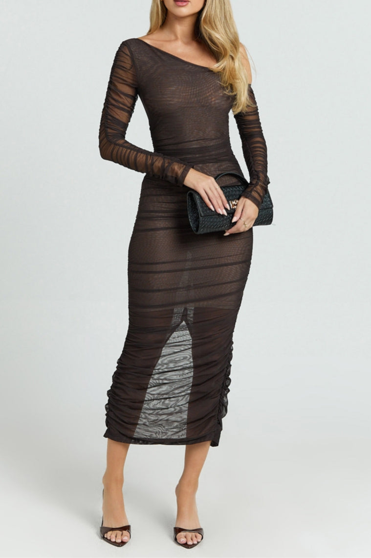 Brown Asymmetric Mesh Ruched Bodycon Midi Dress