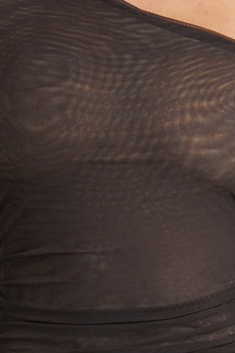 Brown Asymmetric Mesh Ruched Bodycon Midi Dress