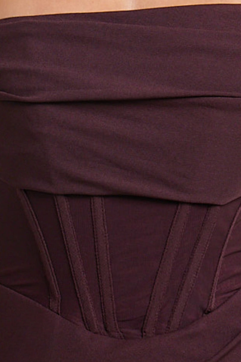 Burgundy Off Shoulder Draped Corset Aidia Midi Dress