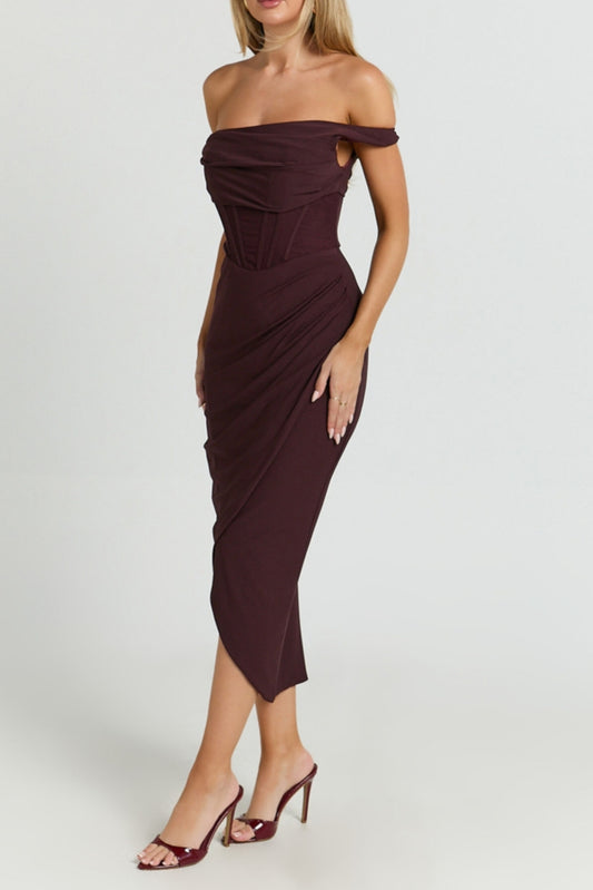 Burgundy Off Shoulder Draped Corset Aidia Midi Dress