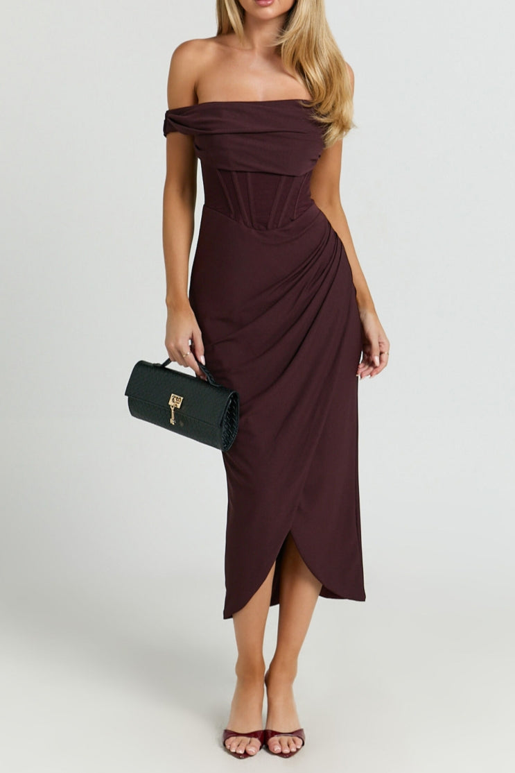 Burgundy Off Shoulder Draped Corset Aidia Midi Dress