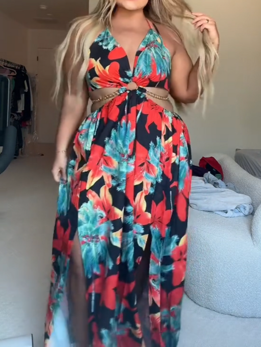 Vibrant Tropical Floral Maxi Dress