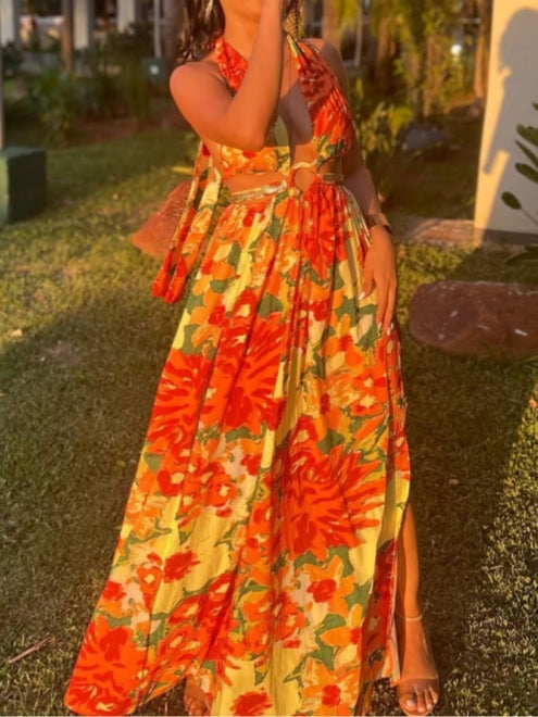 Bright Orange And Yellow Floral Halter Maxi Dress