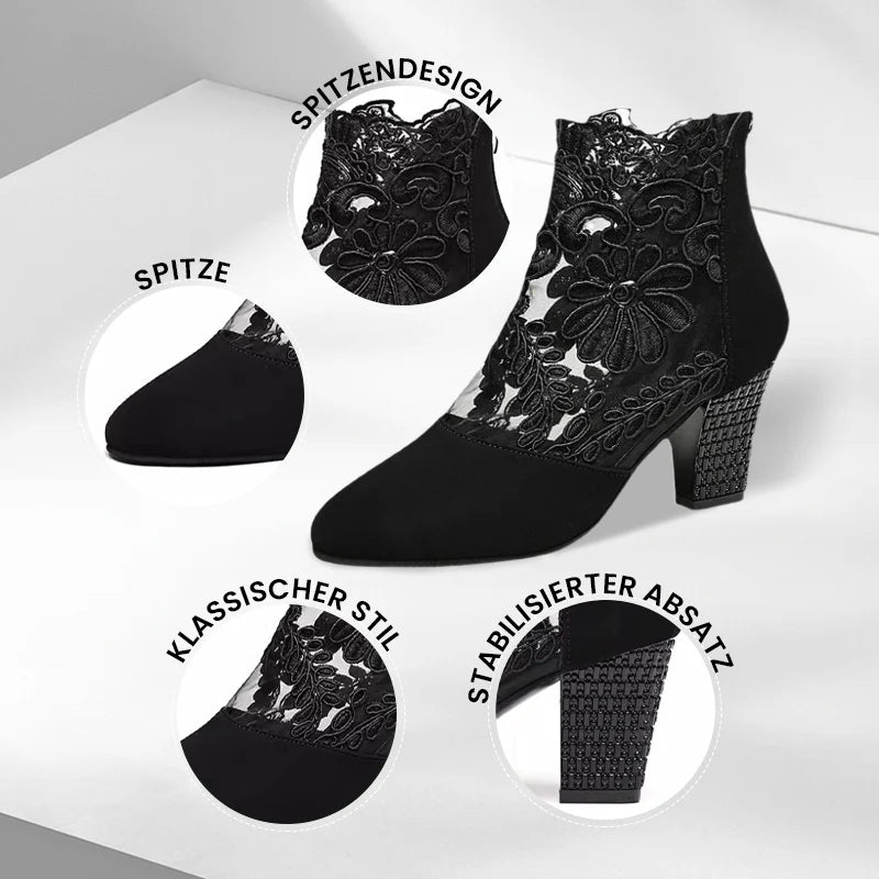 Black Lace Ankle Boots With Block Heel