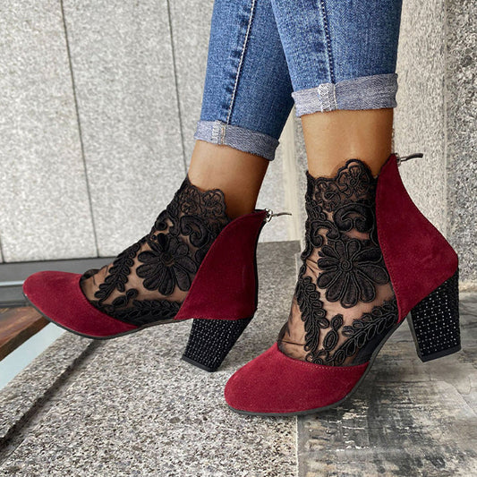 Black Lace Ankle Boots With Block Heel