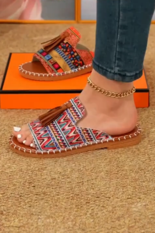 Tassel-Trim Colorful Stripe Slip Sandals