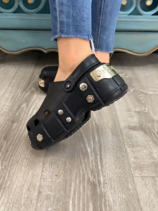 Black Platform Shoes With Silver Hardware Details