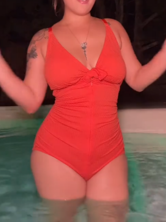 Red Swimsuit With Beige Bodysuit