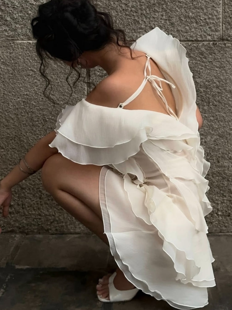 Elegant Cream-Colored Ruffled Off-Shoulder Dress