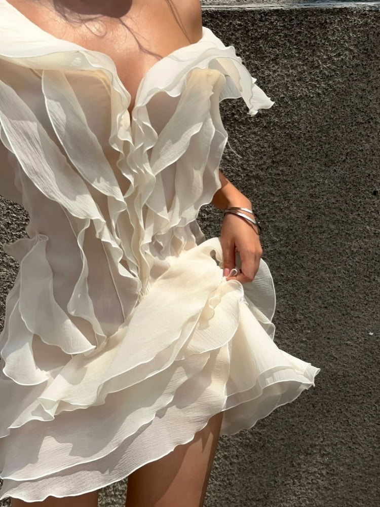 Elegant Cream-Colored Ruffled Off-Shoulder Dress