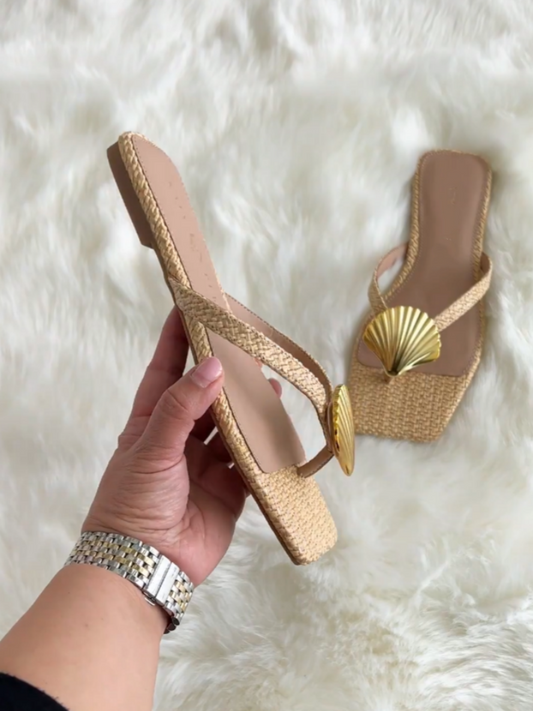 Gold Shell Embellishment Woven Platform Sandals