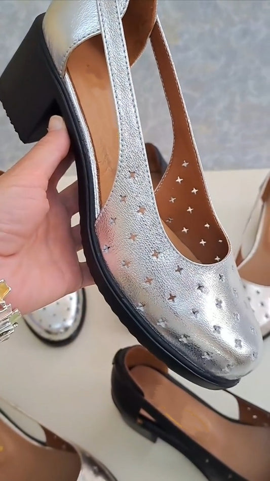 Black And Metallic Silver Block Heels